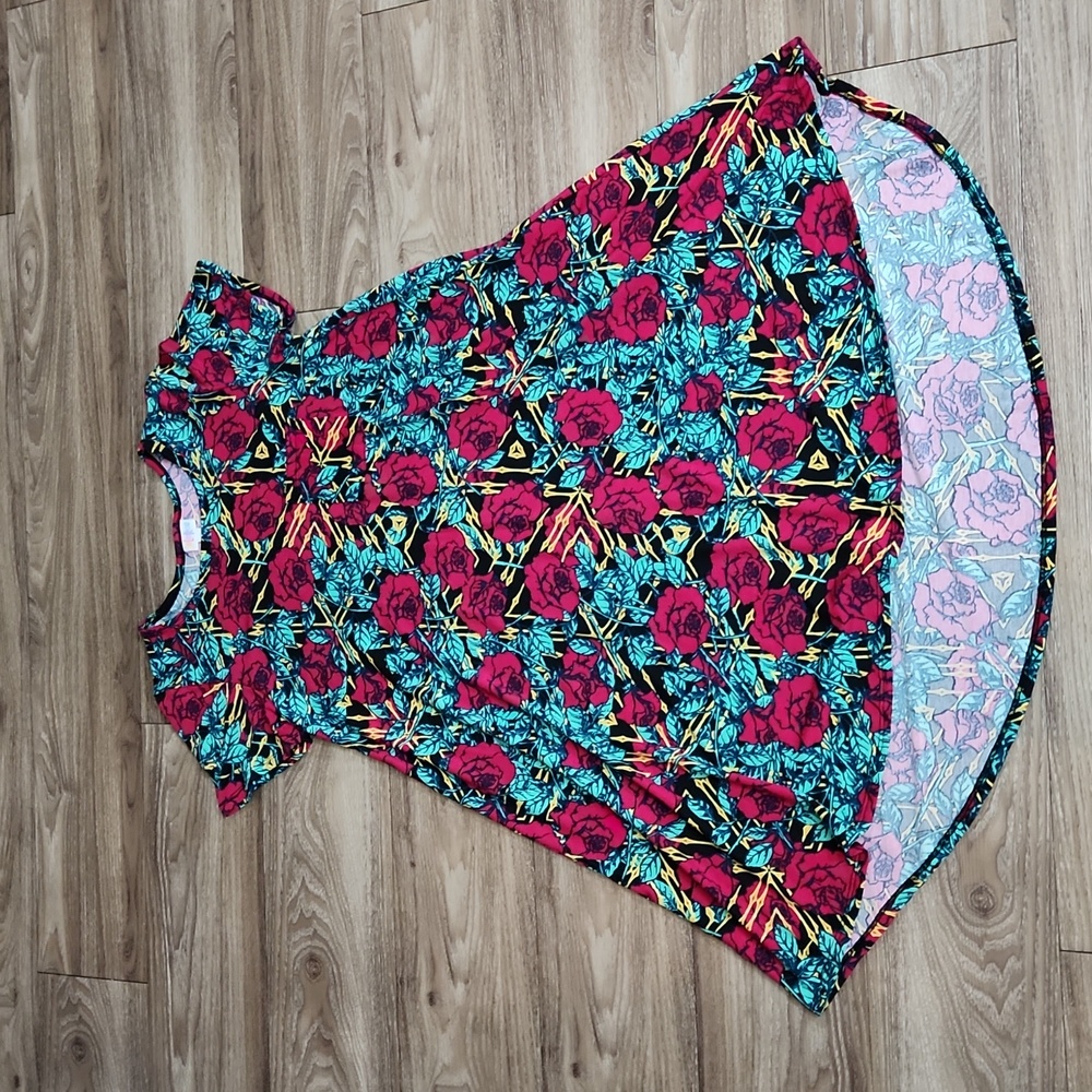 LuLaRoe Carly Stretchy Swing Dress Short Sleeve Rose Print Women's Small EUC